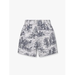 White cotton denim shorts with toile de jouy scotland blue motif
