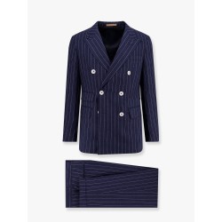 Double-breasted pinstriped linen suit