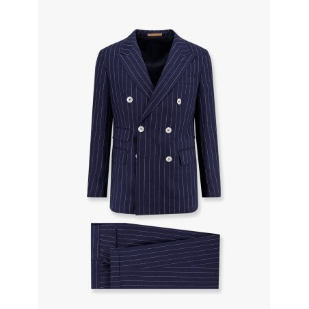 Double-breasted pinstriped linen suit