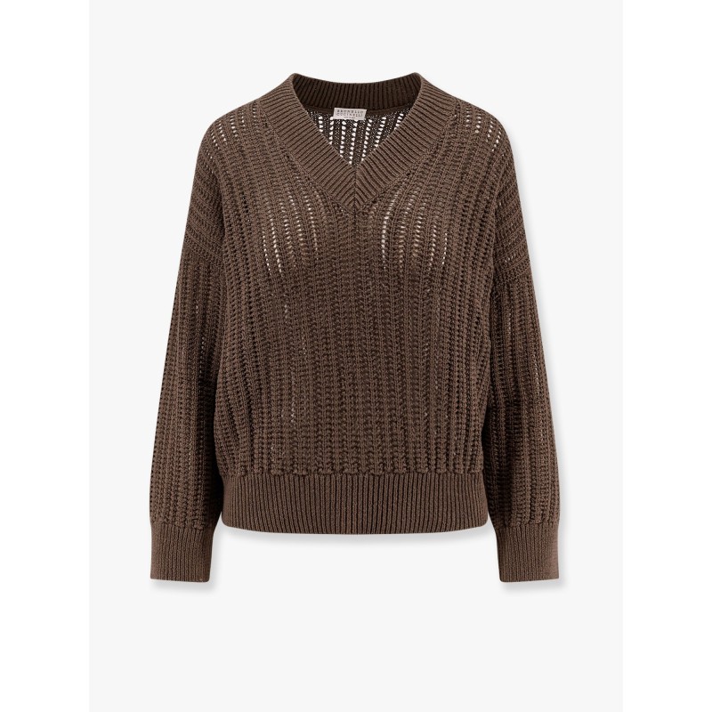 Cotton openwork rib sweater with monili detail
