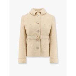 Wool blazer with leather belt and v gold buckle