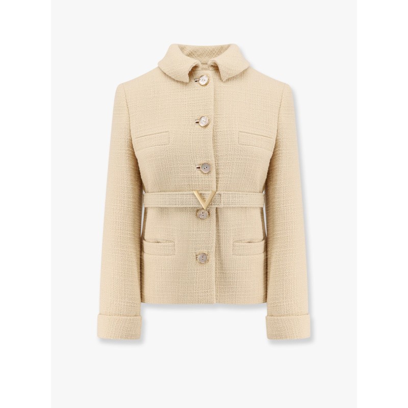 Wool blazer with leather belt and v gold buckle