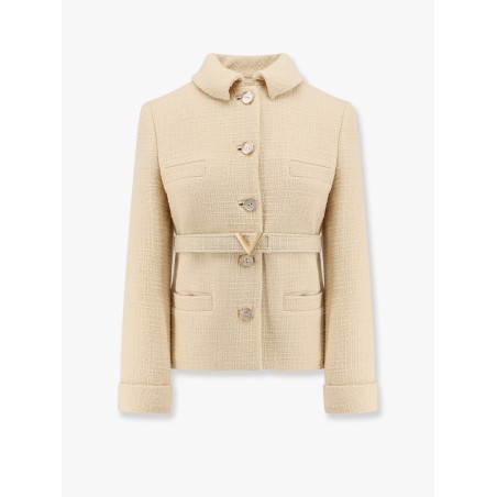 Wool blazer with leather belt and v gold buckle