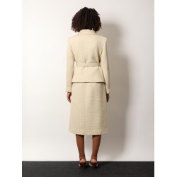 Wool blazer with leather belt and v gold buckle