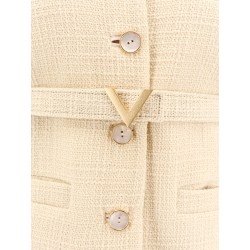 Wool blazer with leather belt and v gold buckle