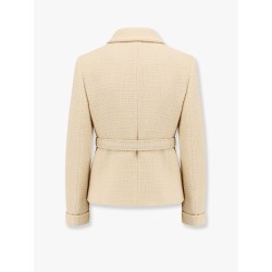 Wool blazer with leather belt and v gold buckle
