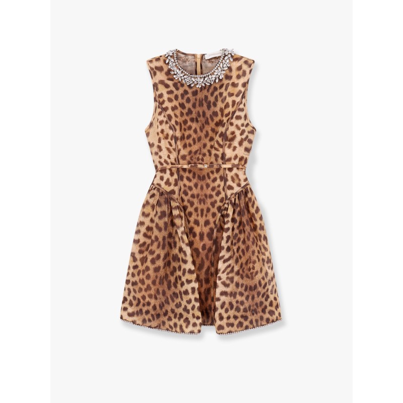Linen and silk mini dress with animalier print