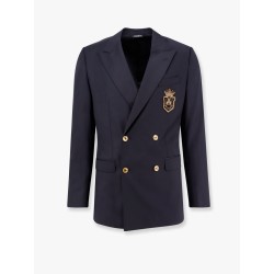 Stretch virgin wool blazer with frontal logo patch