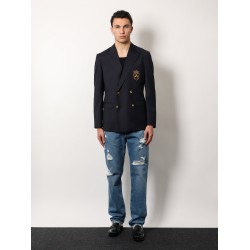 Stretch virgin wool blazer with frontal logo patch