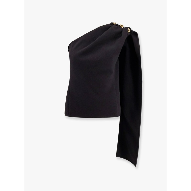 Asymmetric viscose and wool crêpe top