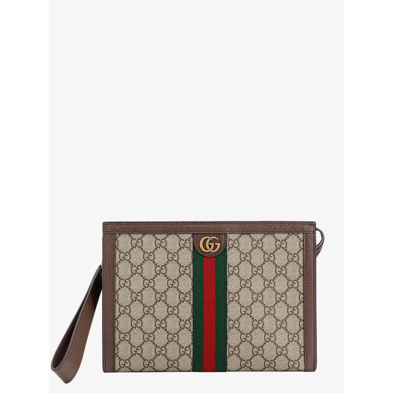 Gg supreme fabric and leather clutch with frontal web band
