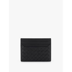 Leather card holder with woven fabric