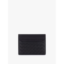 Leather card holder with woven fabric