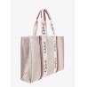 Linen shoulder bag with logo print. this bag is made with lower environmental impact material