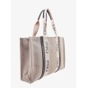 Linen shoulder bag with logo print. this bag is made with lower environmental impact material