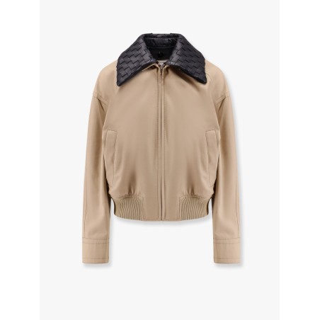 Cotton twill jacket with Intrecciato leather collar