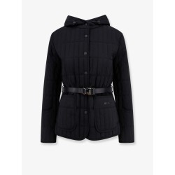 Padded and quilted recycled nylon jacket with belt at waist