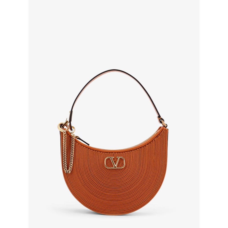 Mini hobo vlogo signature valentino garavani leather and rafia bag with metal and leather shoulder strap