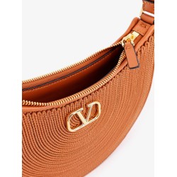 Mini hobo vlogo signature valentino garavani leather and rafia bag with metal and leather shoulder strap