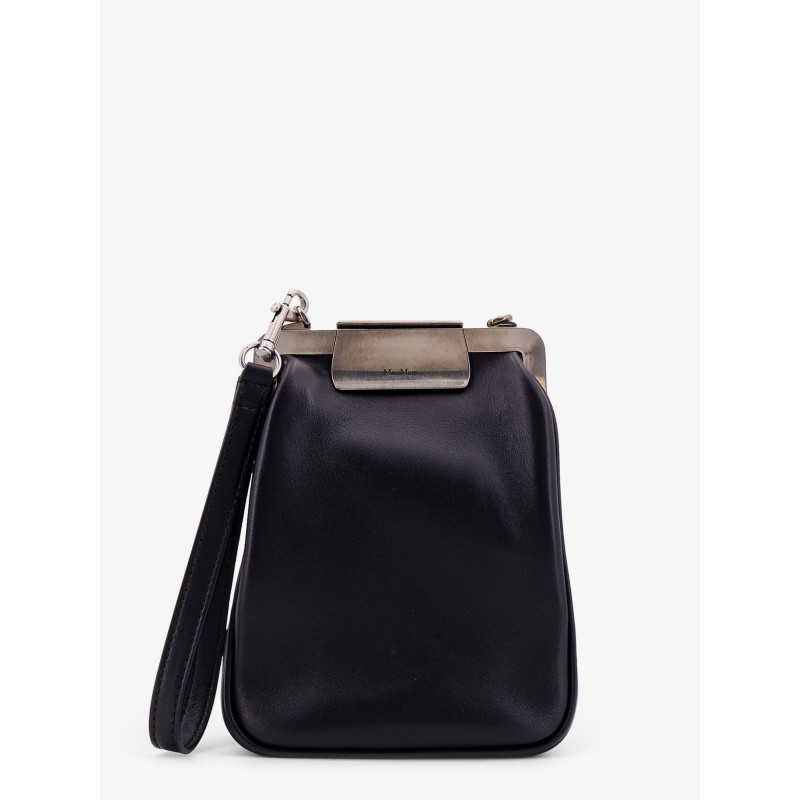 Leather handbag with metal logoed detail