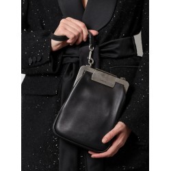 Leather handbag with metal logoed detail