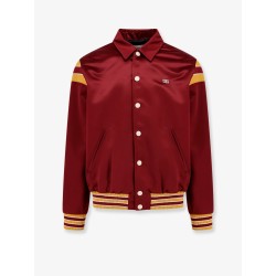 Satin bomber with enamelled snap buttons, striped ribbed inserts and triomphe embroidery