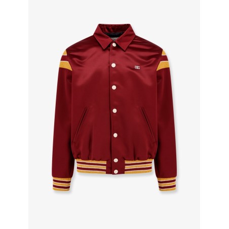 Satin bomber with enamelled snap buttons, striped ribbed inserts and triomphe embroidery