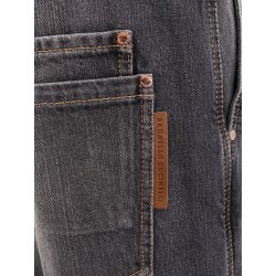 Black denim trouser with leather logo tag