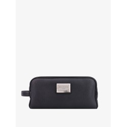 Leather beauty case with metal logo patch
