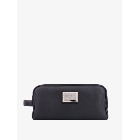 Leather beauty case with metal logo patch