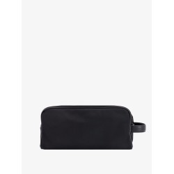Leather beauty case with metal logo patch