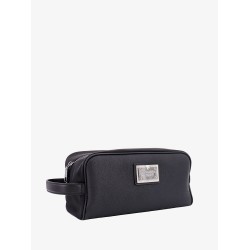 Leather beauty case with metal logo patch