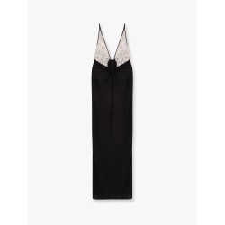 Red carpet embroidery long dress with voile inserts and flowers detail