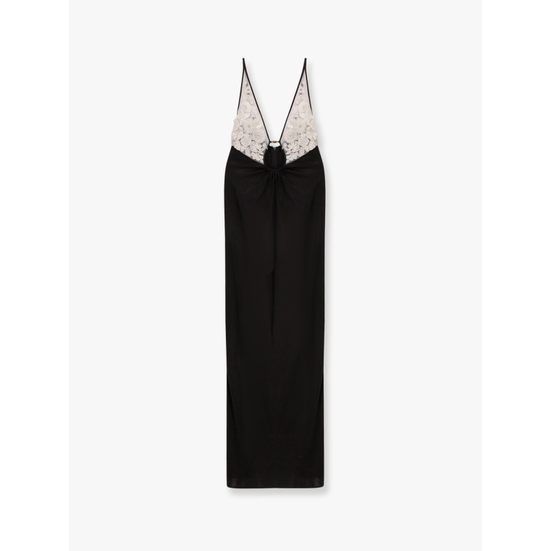 Red carpet embroidery long dress with voile inserts and flowers detail