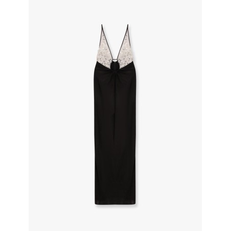 Red carpet embroidery long dress with voile inserts and flowers detail