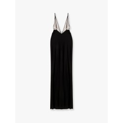 Red carpet embroidery long dress with voile inserts and flowers detail