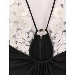 Red carpet embroidery long dress with voile inserts and flowers detail