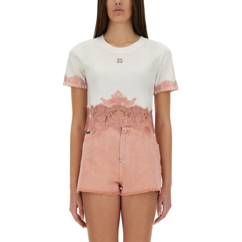 CROPPED JERSEY T-SHIRT WITH LACE INSERTS
