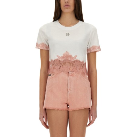 CROPPED JERSEY T-SHIRT WITH LACE INSERTS