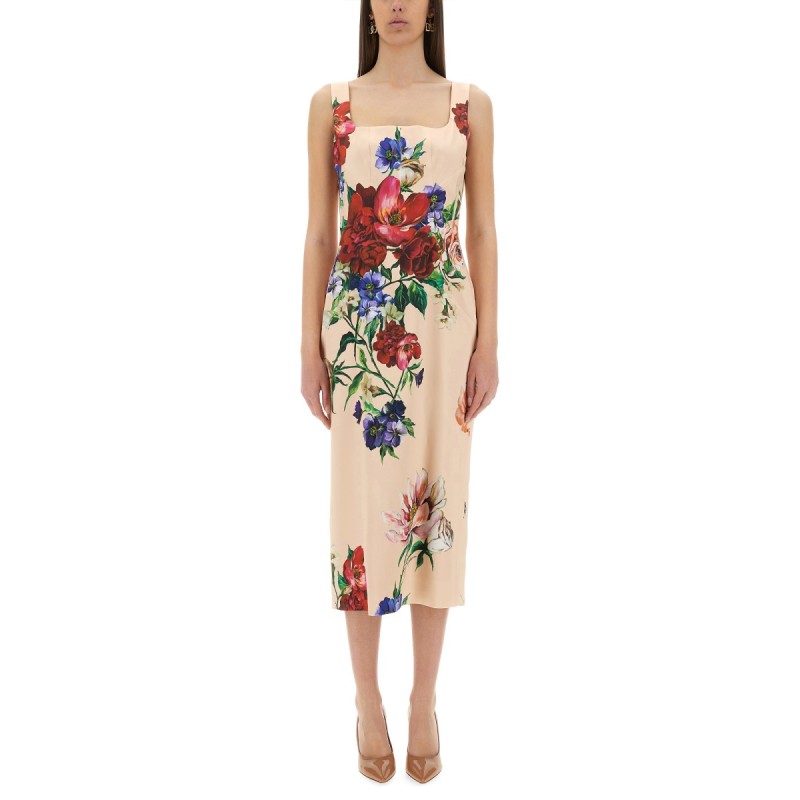 FLOWER PRINT SATIN SHEATH LONGUETTE DRESS