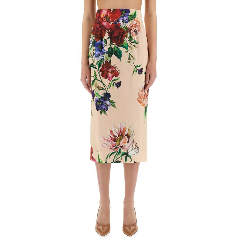 FLOWER PRINT SATIN MIDI PENCIL SKIRT