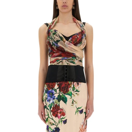 FLOWER PRINT MARQUISETTE AND CHIFFON BUSTIER TOP