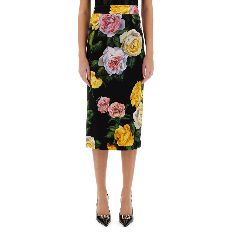 PEONY AND ROSE PRINT CHARMEUSE LONGUETTE SKIRT