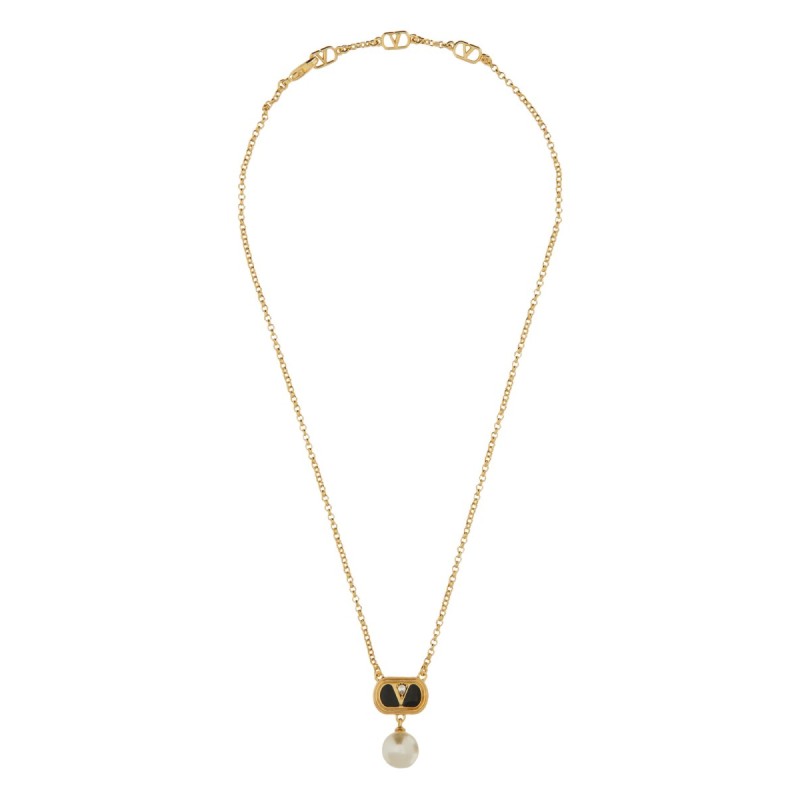 METAL "OVALETTE" NECKLACE WITH ENAMEL, CRYSTAL AND SWAROVSKI® PEARL