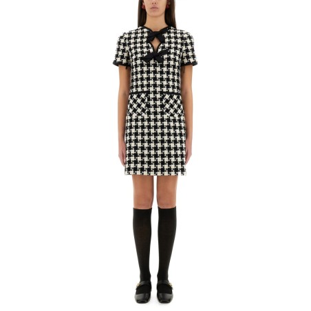 EMBROIDERED DAMIER LIGHT TWEED SHORT DRESS