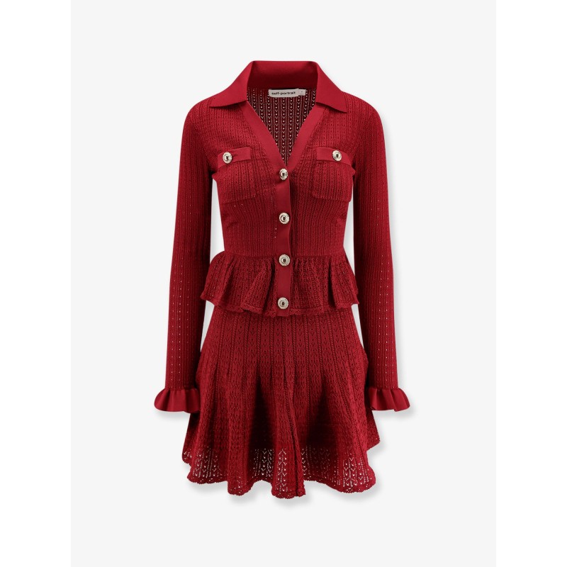 Perforated knit short dress with jewel buttons