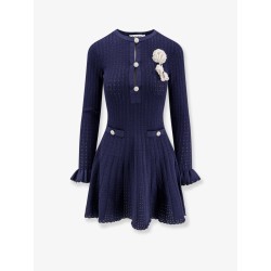 Perforated knit short dress with removable lace brooch