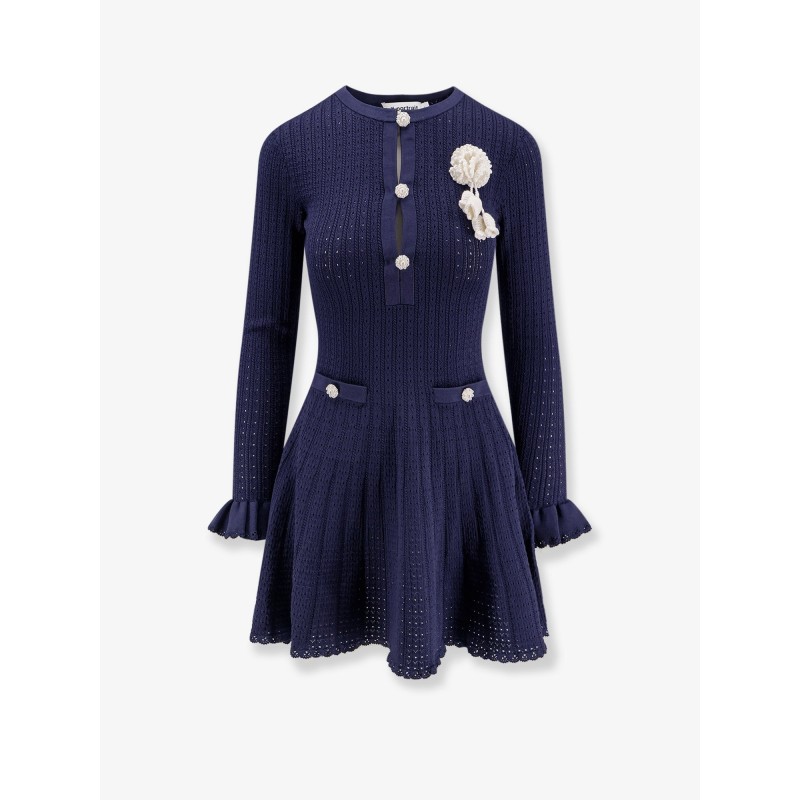 Perforated knit short dress with removable lace brooch