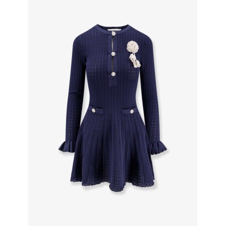 Perforated knit short dress with removable lace brooch