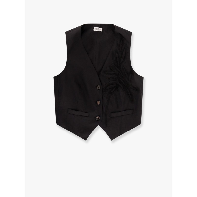 Techno cotton poplin vest with herbarium appliqué and monili